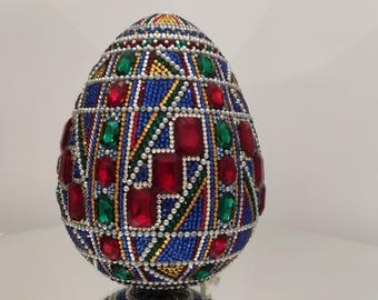 Pysanky eggs. Ukrainian pysanka Easter egg. Handcrafted rhinestone-decorated egg. Foam base. Fine art from Ukraine. Home decor. Original art