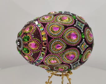 Pysanky eggs. Ukrainian pysanka Easter egg. Handcrafted rhinestone-decorated egg. Foam base. Fine art from Ukraine. Home decor. Original art