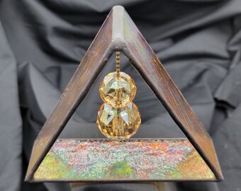 Stained Glass Tabletop Pyramid with 2 Crystals.