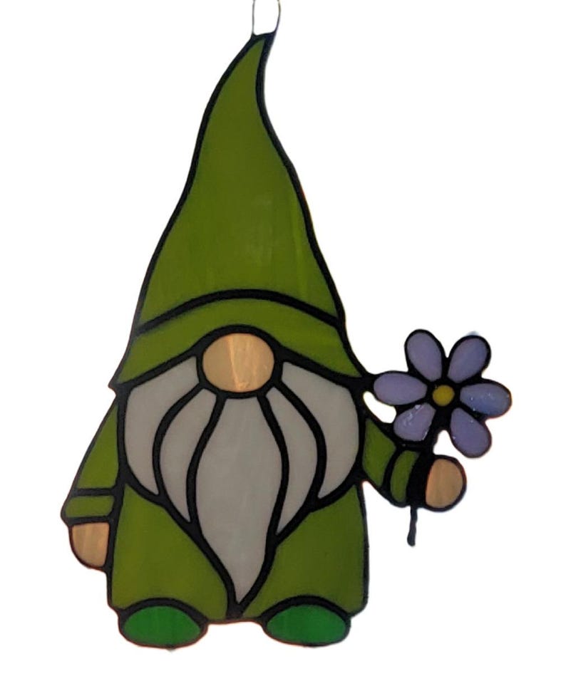 Stained Glass Gnome with Purple Flower bild 3