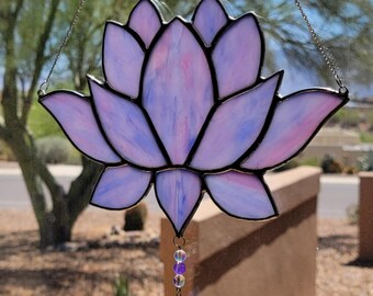 Stained Glass Lotus Flower - Purple Pink Lavendar with Hanging Bead & Crystals