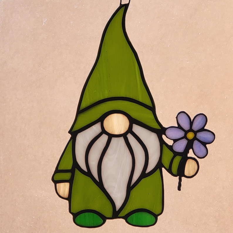 Stained Glass Gnome with Purple Flower bild 1