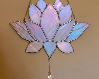 Stained Glass Lotus Flower - Yellow Iridized Glass with Hanging Crystals