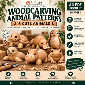 May include: An A4 PDF booklet titled Woodcarving Animal Patterns featuring 6 cute animals. The cover displays carved wooden figures of a turtle, platypus, penguin, seal, hippo, and frog, alongside carving tools and instructional text icons.