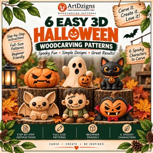 May include: A collection of 6 easy 3D Halloween woodcarving patterns featuring a pumpkin, ghost, black cat, bat, Frankenstein-style character, and vampire pumpkin. The text includes 6 EASY 3D HALLOWEEN WOODCARVING PATTERNS, Step-by-Step Instructions, and Full-Size Patterns.