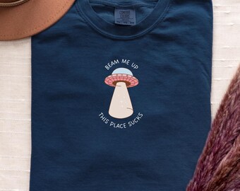 Beam Me Up This Place Sucks Retro UFO Graphic Tee | Vintage Alien Graphic Shirt