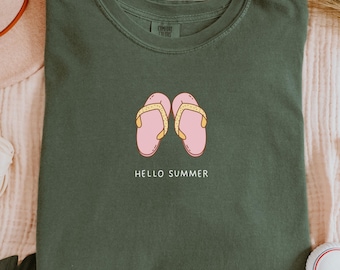 Hello Summer Flip Flop Shirt | Retro Beach Tee | Vintage Minimal Graphic Top