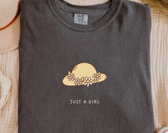 Just A Girl Retro Floral Hat Graphic Tee | Vintage Cozy Shirt | Daisy Sun Hat Design