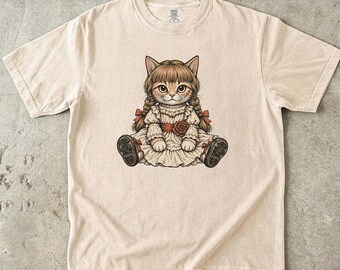 Annabelle Cat Vintage Creepy Doll T-Shirt | Retro Gothic Cat Tee for Halloween