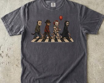 Horror Icons Abbey Road T-Shirt | Pennywise, Michael Myers, Leatherface, Jason | Unisex Comfort Colors