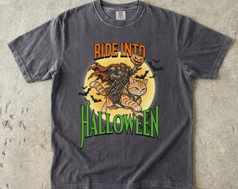 Ride Into Halloween T-shirt | Pumpkin Cat Rider, Bats, Retro Moon