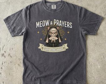 Meow & Prayers Nun Cat T-shirt | Cute Cat Nun Illustration