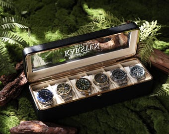 Personalized Black 6 Slot Watch Case Acrylic Lid, Custom Leather Watch Box, Groomsman Gift Box, Anniversary Gift, Gift for Dad,Engraved Gift