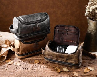 Custom Engrave Toiletry Kit l Travel Leather Bag l Men Wash Bag l Groomsmen Gift l Travel Organizer l Gym Bag l Hanging Dopp Kit l Vacation