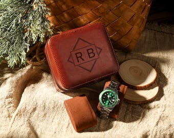 Personalized Leather Box for Men, Travel Watch Case, Custom Leather Watch Case for 2 Watches, Engraved Travel Watch Holder, Groomsmen Gift