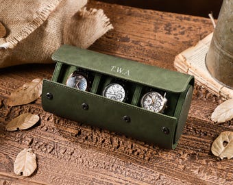 Custom Initial Watch Roll l Leather Watch Case l Gold/Silver Font l Green Color l Travel Kit l Groomsmen Gift l Wedding l Anniversary