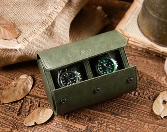 Custom Initial Watch Roll l Leather Watch Case l Gold/Silver Font l Green Color l Travel Kit l Groomsmen Gift l Wedding l Anniversary