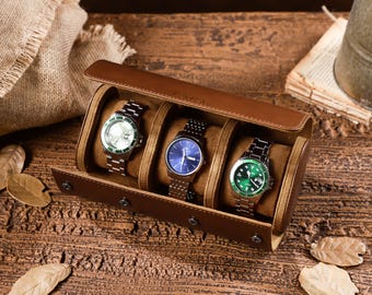 Custom Initial Watch Roll l Leather Watch Case l Gold/Silver Font l Brown Color l Travel Kit l Groomsmen Gift l Wedding l Anniversary