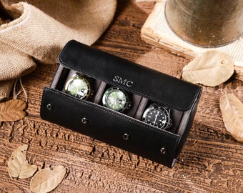 Custom Initial Watch Roll l Leather Watch Case l Gold/Silver Font l Black Color l Travel Kit l Groomsmen Gift l Wedding l Anniversary