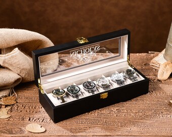 Personalized Black Wooden Watch Case, 6 Slot Watch Case with Glass Lid, Custom White Inner Wooden Watch Box, Groomsman Gift, Gift for Dad