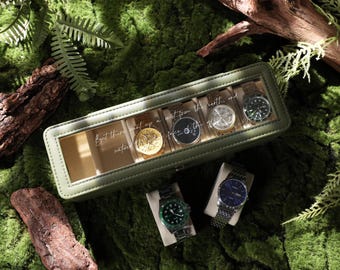 Personalized Green 6 Slot Watch Case Acrylic Lid, Custom Leather Watch Box, Groomsman Gift Box, Anniversary Gift, Gift for Dad,Engraved Gift