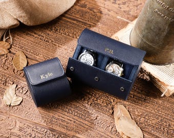 Custom Initial Watch Roll l Leather Watch Case l Gold/Silver Font l Blue Color l Travel Kit l Groomsmen Gift l Wedding l Anniversary