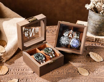 Personalized 2 Slot Watch Storage, Custom Vintage Watch Storage Box, Engraved Name Wood Watch Case, Groomsman Gift Box, Anniversary Gift