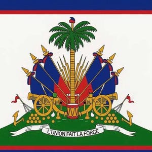 May include: The coat of arms of Haiti, featuring a palm tree, flags, cannons, and the motto "L'UNION FAIT LA FORCE" on a white background, framed by red and blue borders.