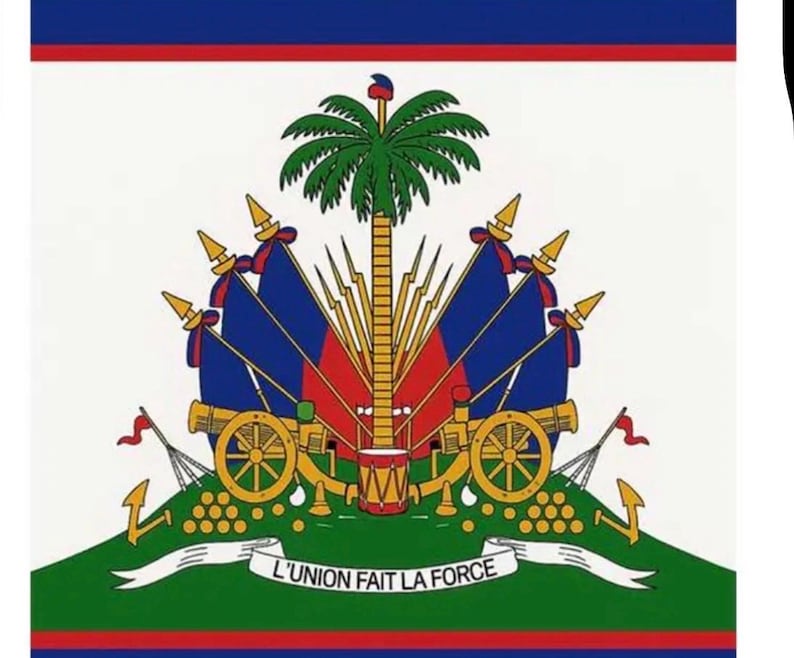 May include: The coat of arms of Haiti, featuring a palm tree, flags, cannons, and the motto "L'UNION FAIT LA FORCE" on a white background, framed by red and blue borders.