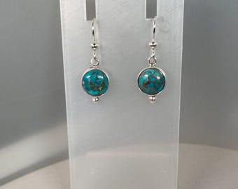 Artisan Minimalist Turquoise with Pyrite Dangle Earrings in Sterling Silver