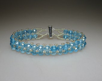 Blue Rondelle Crystal and Silver Glass Seed Bead Bracelet