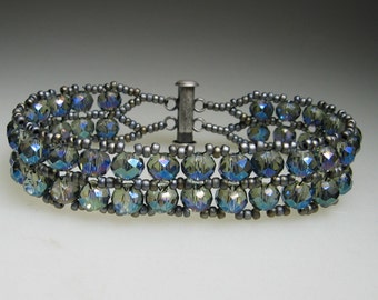 Iridescent Teal to Purple Fire Polished Crystal and Matte Silver Gray Glass Seed Bead Bracelet