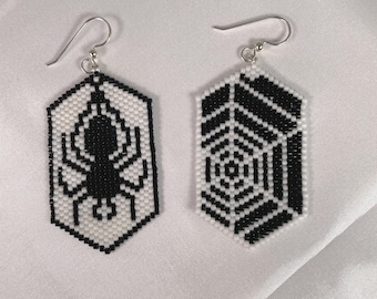 Hand Stitched Halloween Spider & Web Seed Bead Earrings