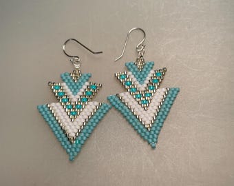 Hand Stitched Art Deco Seed Bead Earrings in Silver, Aqua and White