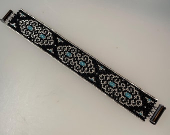 Peyote Stitched Glass Seed Bead Filigree Design Bracelet Black, Silver & Turquoise