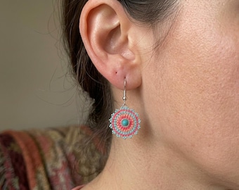 Circular Brick Stitched Seed Bead Earrings Southwest Colors Native American Style