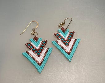 Hand Stitched Art Deco Seed Bead Earrings in Copper, Aqua and Turquoise