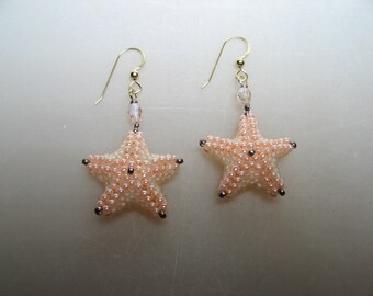 Peach and Rose Bronze Seed Bead 3-D Stitched Starfish Earrings with Crystal Beachwear