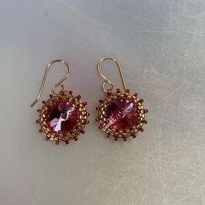 Sparkling Rose Rivoli Crystal and Gold Glass Seed Bead Earrings