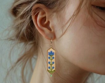 Hand Stitched Art Deco Floral Seed Bead Earrings Blue, Green and Gold