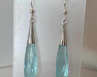 Faceted Aquamarine Quartz Drop Earrings in the Style of Miss Fisher Art Deco