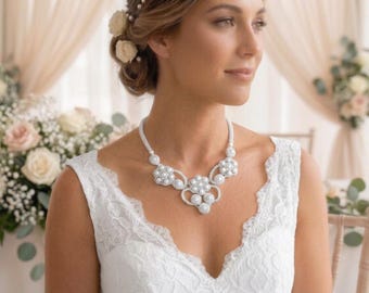 Hand-Stitched Swarovski Crystal  Pearl and Seed Bead Necklace Bridal Wear Art Nouveau Design