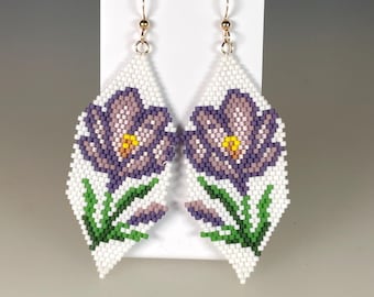 Brick Stitched Seed Bead Boho Earrings Long Crocus Pattern