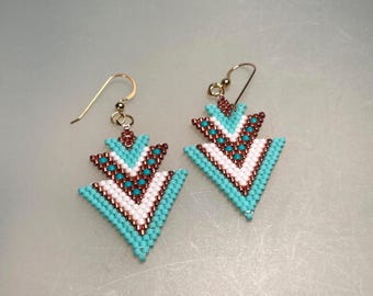 Hand Stitched Art Deco Seed Bead Earrings in Copper, Aqua and Turquoise