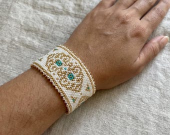 Peyote Stitched Glass Seed Bead Filigree Design Bracelet Gold White Turquoise