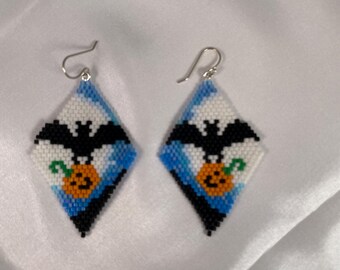 Hand-Stitched Halloween Witch and Pumpkin Seed Bead Earrings