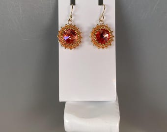Sparkling Dark Peach Swarovski Rivoli Crystal and Gold Glass Seed Bead Earrings