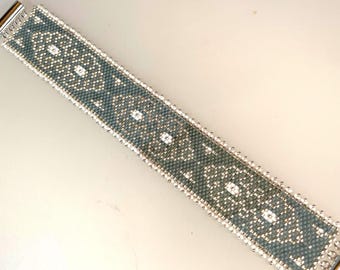 Peyote Stitched Glass Seed Bead Filigree Design Bracelet Blueprint Blue, White and Silver.