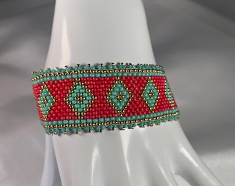 Southwest Colors Glass Seed Bead Art Deco Pattern Bracelet Peyote-Stitched