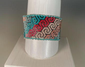 Peyote Stitched Seed Bead Bracelet in Southwest Colors & Silver with Silver Tube Clasp